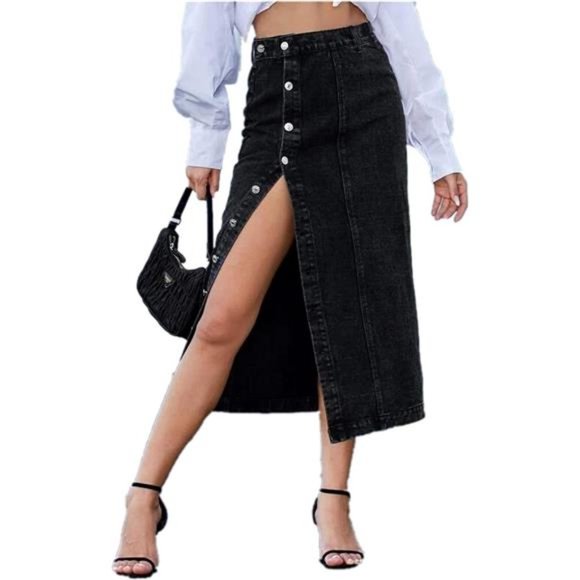 Women's Casual High Waisted Solid Button Up Denim Jean Skirt, Black